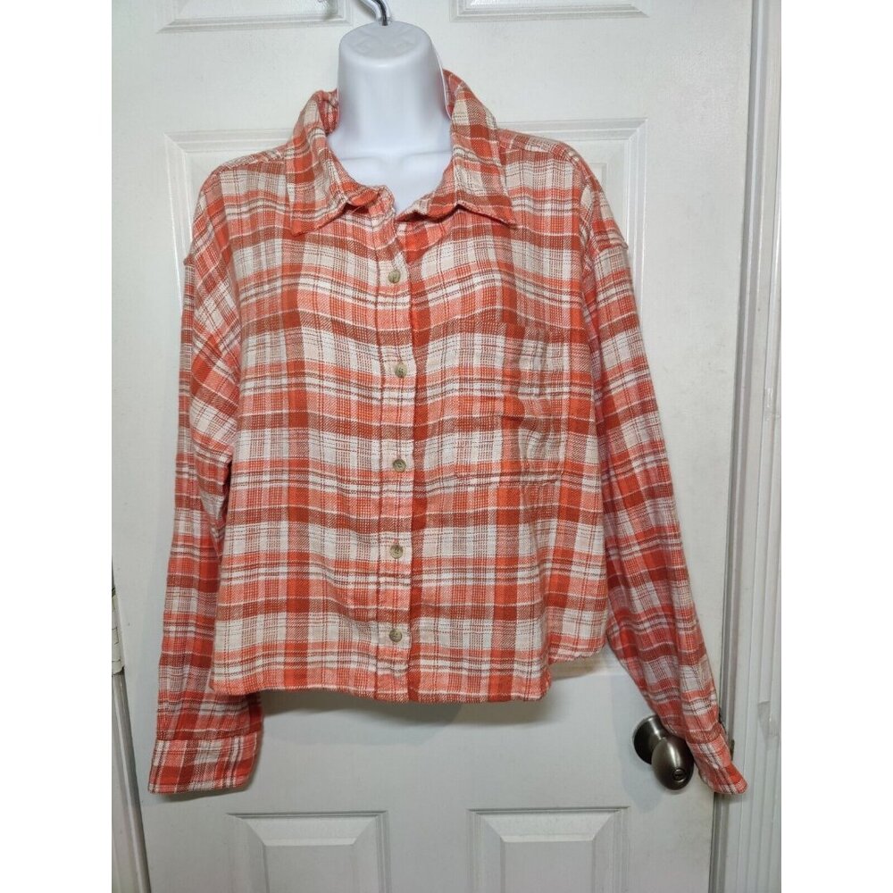 American Eagle Peach Plaid Button-Up Long Sleeve Flannel Crop Top L NWOT
